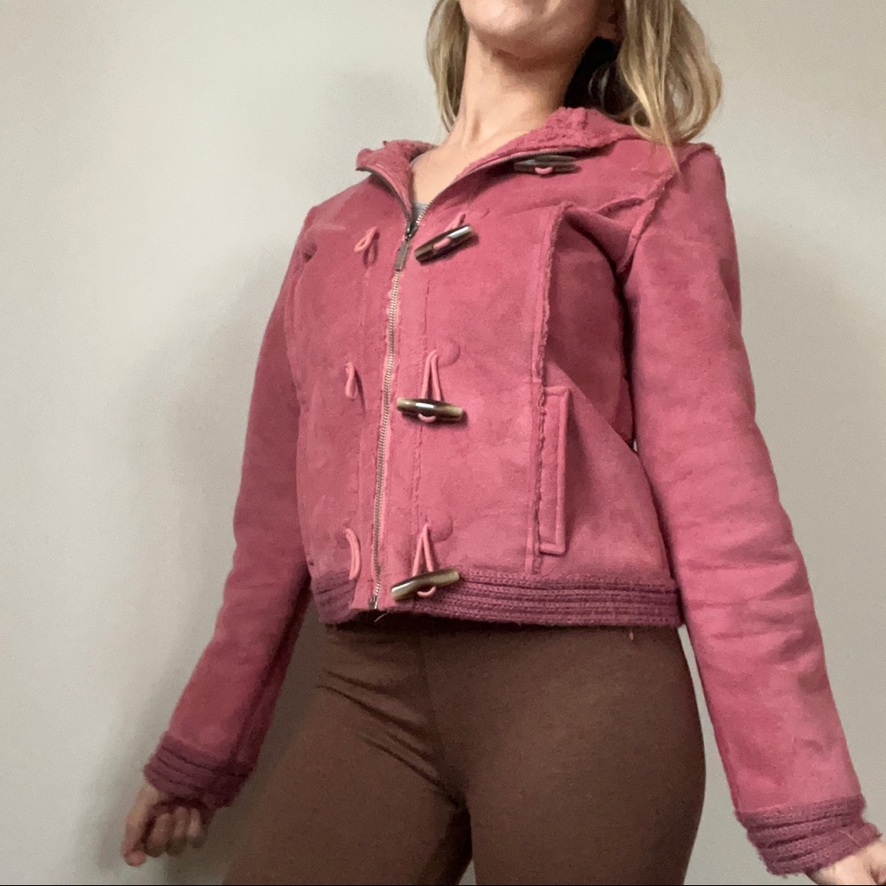 Pink Kenzie Hooded Faux Suede Bomber Jacket
